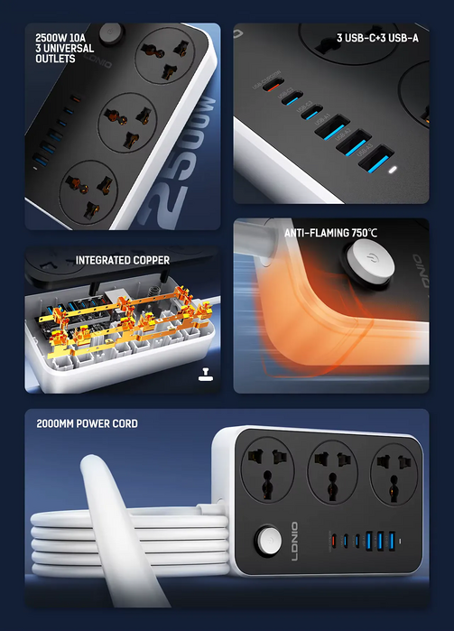 Ldnio SC3604C Universal Power Strip With 3-USB & 3-USB-C Ports - 2M  for sale in Egypt from Games2Egypt