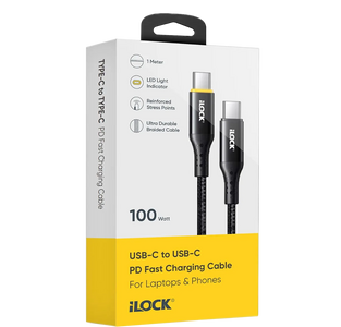 iLOCK Fast Charging 100 Watt USB-C to Type-C Braided Cable LED Indicator - 1M  for sale in Egypt from Games2Egypt