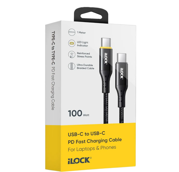 iLOCK Fast Charging 100 Watt USB-C to Type-C Braided Cable LED Indicator - 1M  for sale in Egypt from Games2Egypt