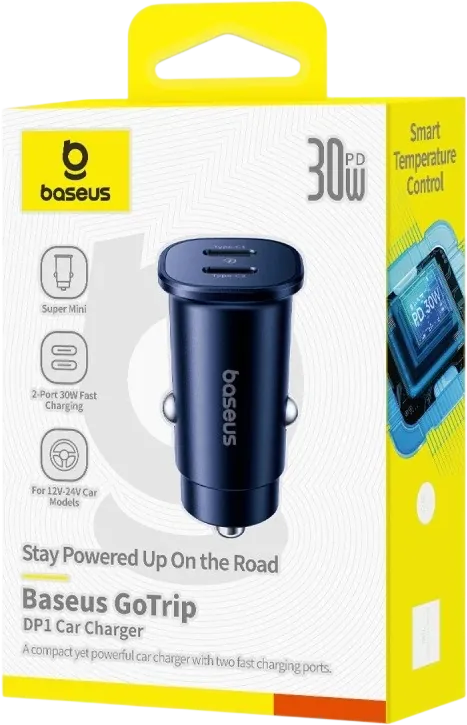 باسيوس جو تريب DP1 شاحن سيارة 30 واط (2× USB-C) - أسود – صورة 5