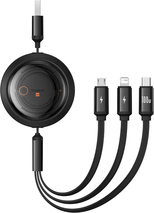 Baseus Free2Draw Retractable USB Cable 3-in-1 100W - 1.1M - Black  for sale in Egypt from Games2Egypt