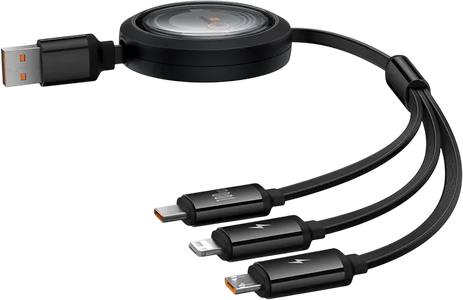 Baseus Free2Draw Retractable USB Cable 3-in-1 100W - 1.1M - Black  for sale in Egypt from Games2Egypt