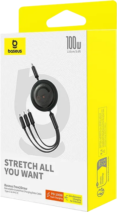 Baseus Free2Draw Retractable USB Cable 3-in-1 100W - 1.1M - Black  for sale in Egypt from Games2Egypt