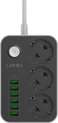 LDNIO SE3631 Power Strip 3 Power Sockets and 6 USB Ports - Black