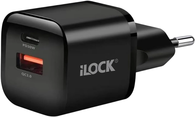 iLOCK 30W Dual-Port Wall Charger (USB-A + USB-C, QC 3.0) - Black