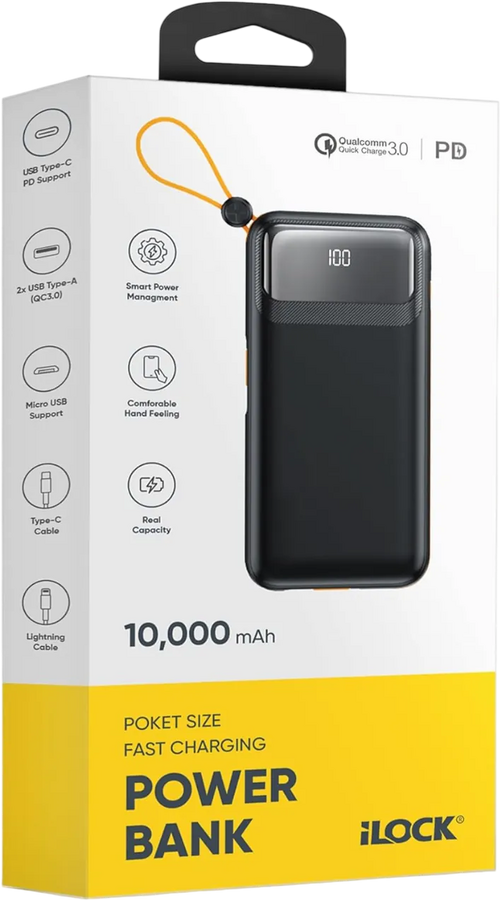 آي لوك باور بانك 10000mAh شحن سريع 4 منافذ مع شاشة LED - أسود – صورة 5