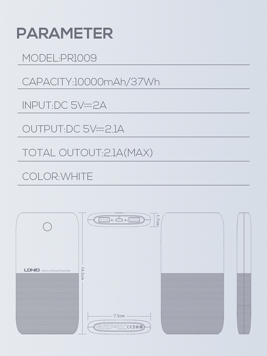 LDNIO PR1009 Ultra-thin Power Bank 10000mAh Dual USB - White  for sale in Egypt from Games2Egypt