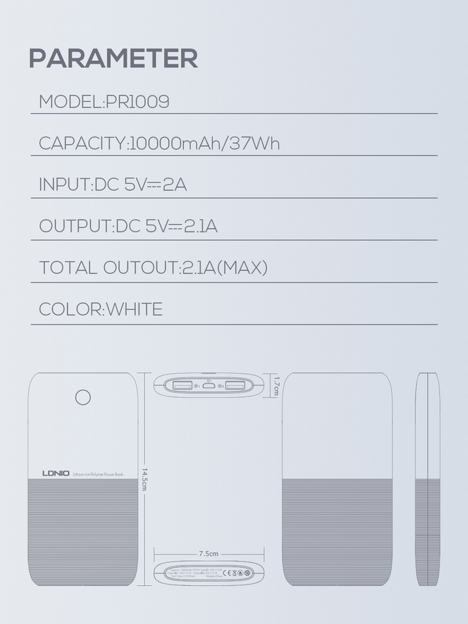 LDNIO PR1009 Ultra-thin Power Bank 10000mAh Dual USB - White – image 9
