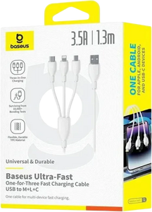 Baseus Ultra-Fast USB-A Cable 3-in-1 3.5A - 1.3M - Moon White  for sale in Egypt from Games2Egypt