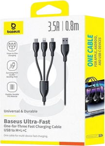 Baseus Ultra-Fast USB-A Cable  3-in-1 3.5A - 0.8M - Cosmic Black  for sale in Egypt from Games2Egypt