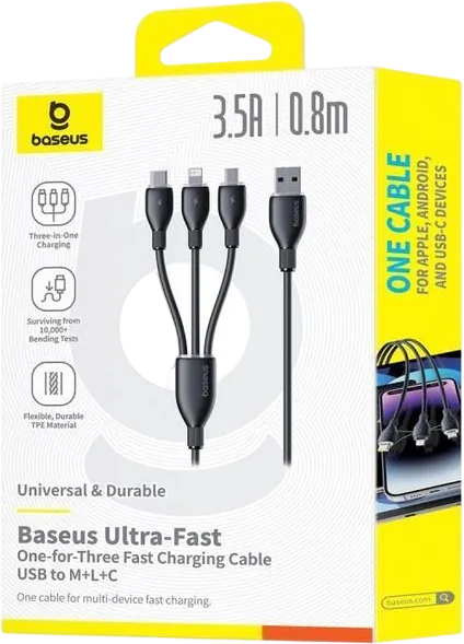 Baseus Ultra-Fast USB-A Cable  3-in-1 3.5A - 0.8M - Cosmic Black  for sale in Egypt from Games2Egypt