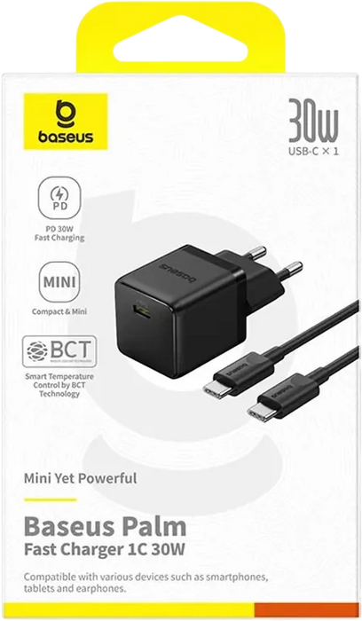 Baseus Palm Fast Charger 1C 30W EU + 1M USB-C Cable - Black  for sale in Egypt from Games2Egypt