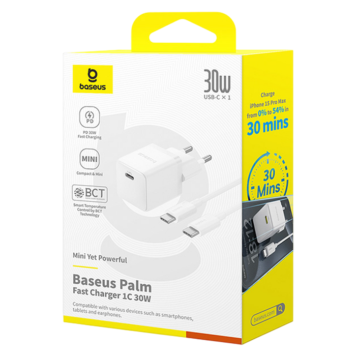 Baseus Palm Fast Charger 1C 30W EU + 1m USB-C Cable - Moon White  for sale in Egypt from Games2Egypt