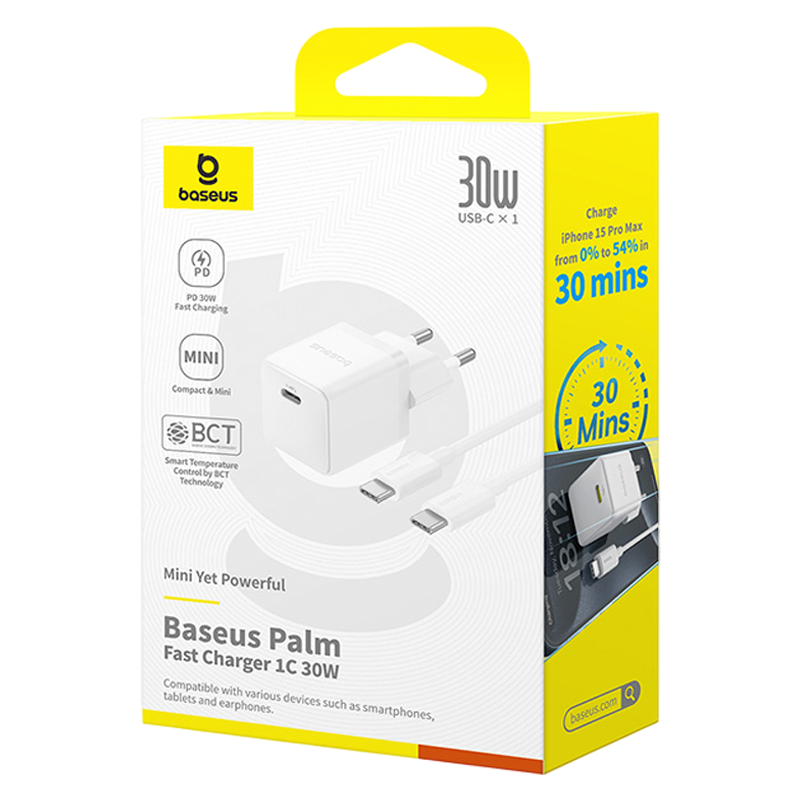 باسيوس بالم شاحن سريع 1C‏ 30 واط EU + كابل USB-C‏ 1م - مون وايت – صورة 6