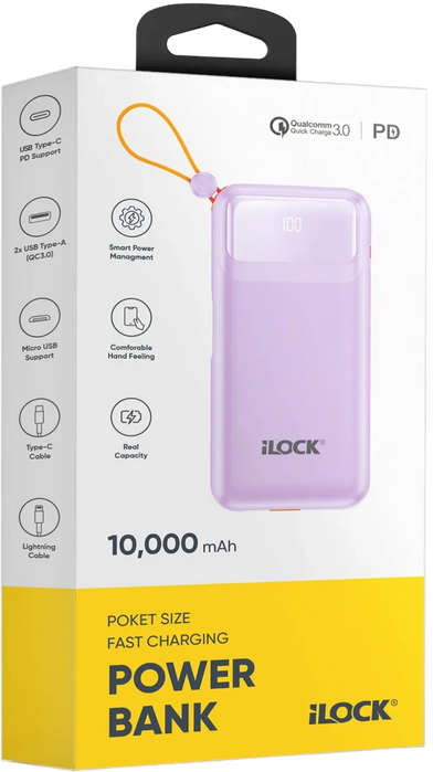 آي لوك باور بانك 10000mAh شحن سريع 4 منافذ مع شاشة LED - بنفسجي  للبيع في مصر من خلال Games2Egypt