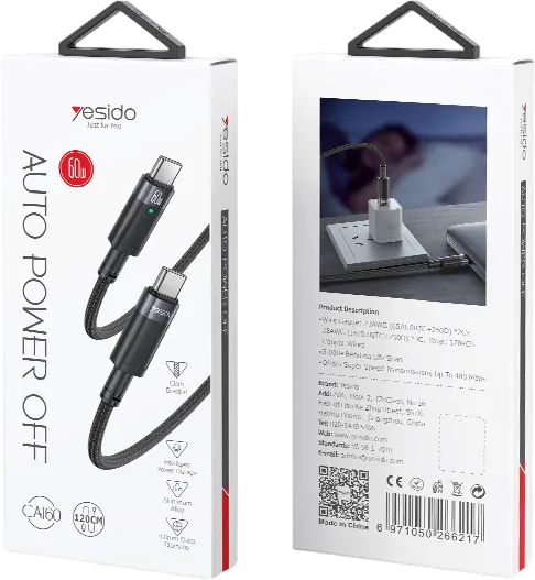 Yesido CA160 60W Type-C To Type-C Auto Disconnecting  Braided Cable 1.2M  for sale in Egypt from Games2Egypt