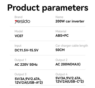 Yesido VC07 200W Car Adapter Charger Power Inverter 12V to 220V  for sale in Egypt from Games2Egypt