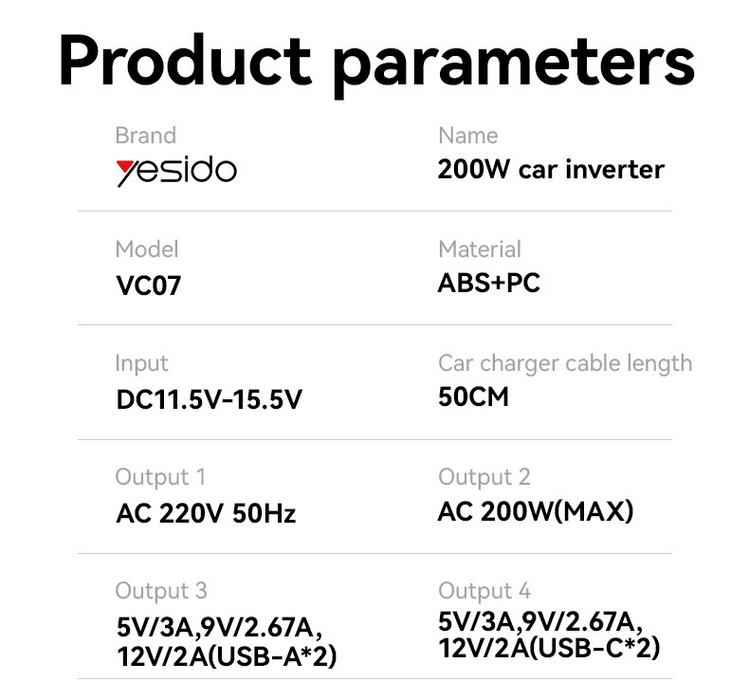 Yesido VC07 200W Car Adapter Charger Power Inverter 12V to 220V  for sale in Egypt from Games2Egypt