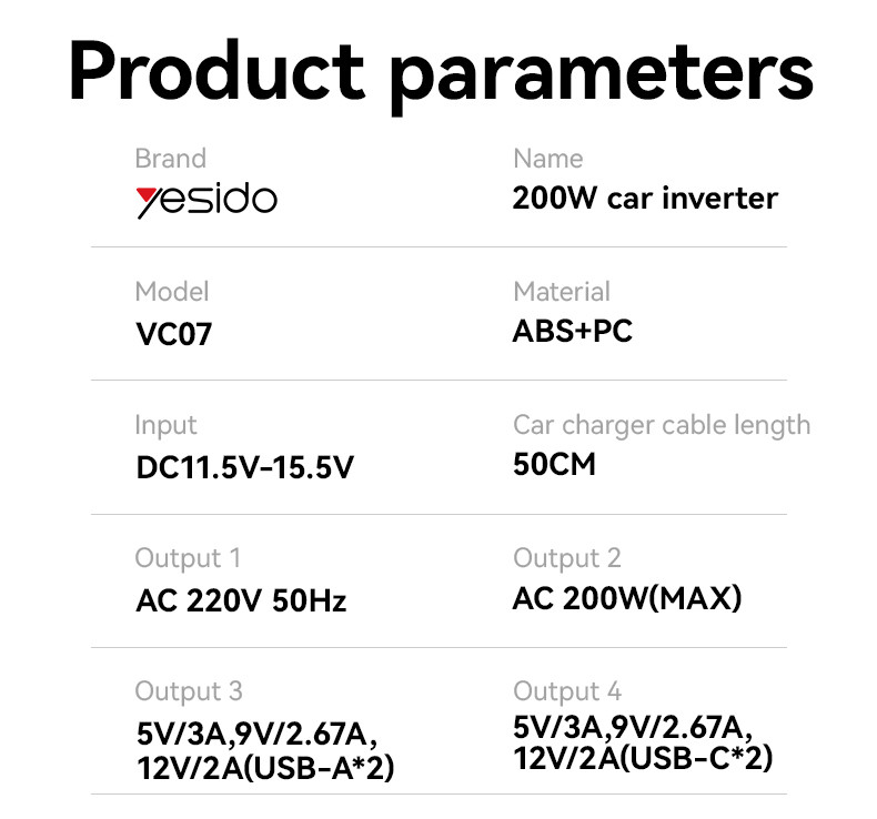 ييسيدو VC07 محول طاقة سيارة 200 واط 12V إلى 220V – صورة 2