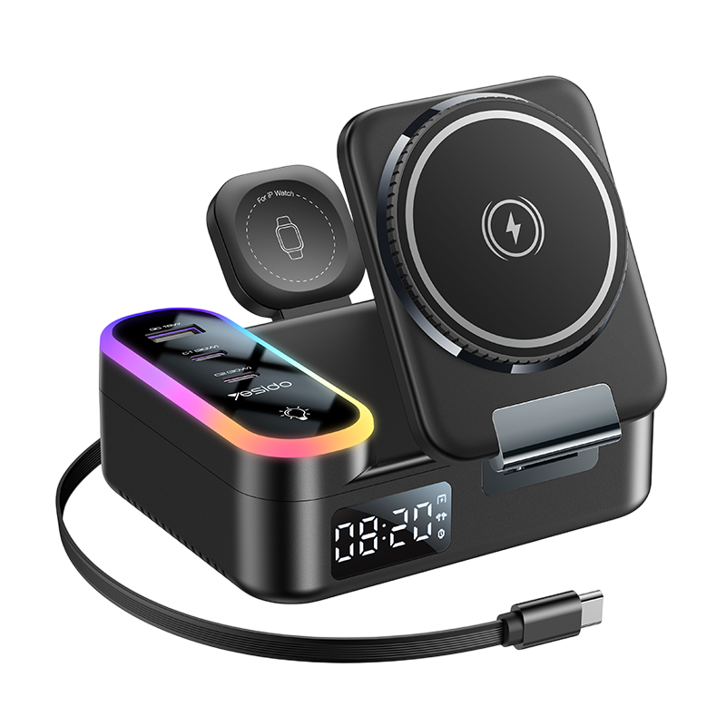Yesido DS38 8 in 1 Magnetic Wireless Charging Station with Digital Clock - 65W - Black