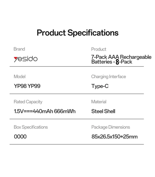 Yesido YP98 AAA Rechargeable Batteries Type-C - 8PCS  for sale in Egypt from Games2Egypt