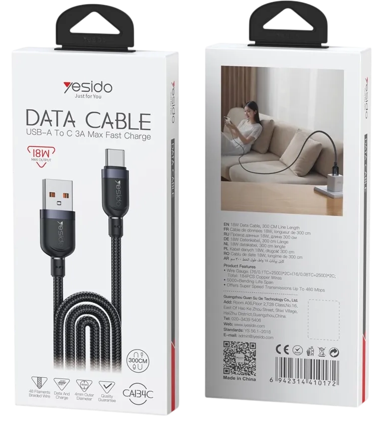 يسيدو CA134C كابل USB إلى تايب-سي 3A للشحن السريع ونقل البيانات - 3 متر – صورة 4