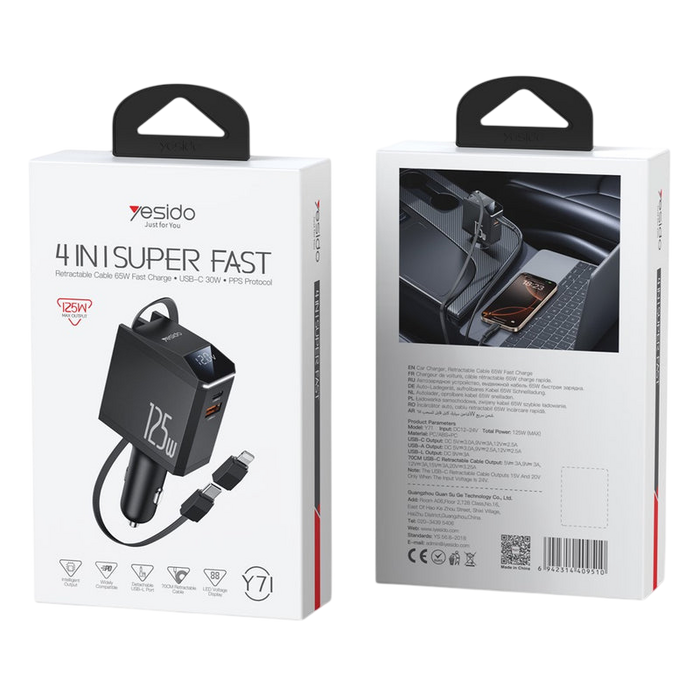 Yesido Y71 125W Type-C + 8 Pin Retractable Cable 4 in 1 Car Charger  for sale in Egypt from Games2Egypt