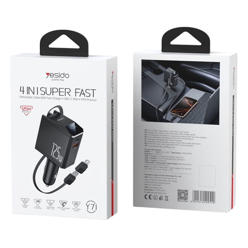 Yesido Y71 125W Type-C + 8 Pin Retractable Cable 4 in 1 Car Charger – image 2