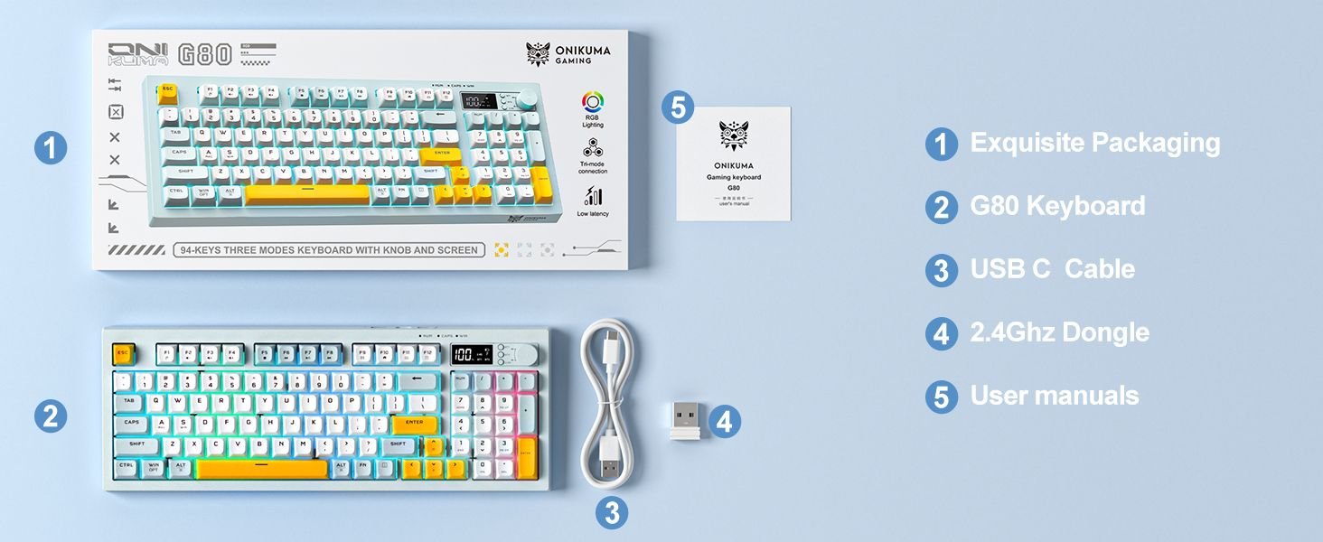 ONIKUMA G80 Tri-Mode RGB Gaming Membrane Keyboard - Grayish Blue  for sale in Egypt from Games2Egypt