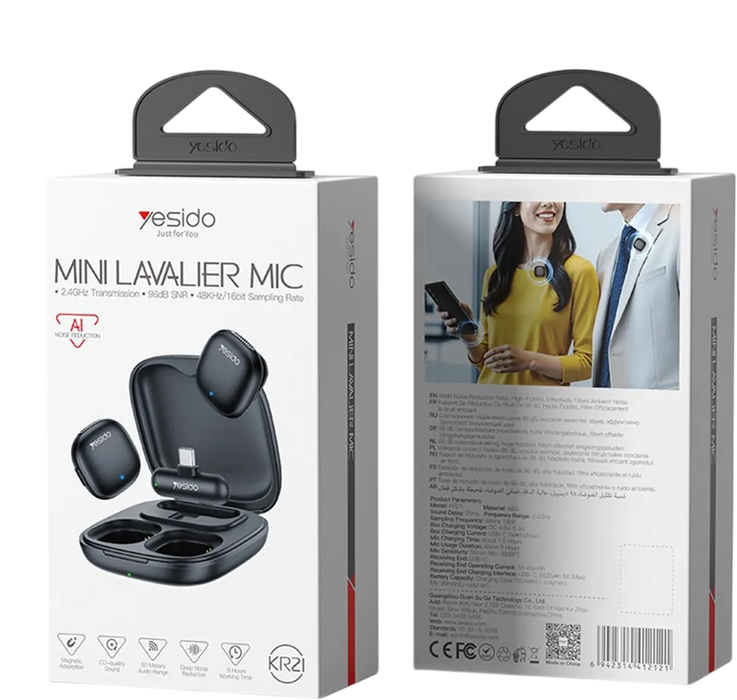 Yesido KR21 USB-C Wireless Lavalier Microphone with AI Noise Cancelling - Black  for sale in Egypt from Games2Egypt
