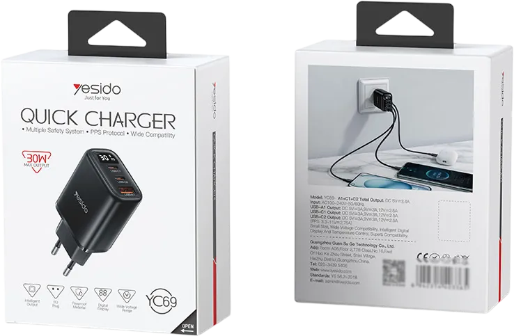 Yesido YC69 PD 30W Fast Charging 2 TC & USB Smart Display EU Plug  for sale in Egypt from Games2Egypt