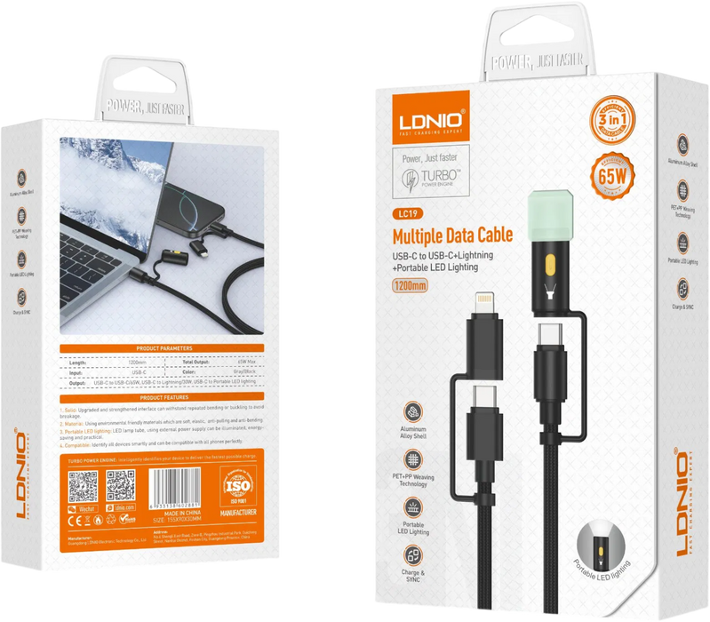 LDNIO LC19 3-in-1 65W Fast Charging Cable with LED Light 1.2M  for sale in Egypt from Games2Egypt