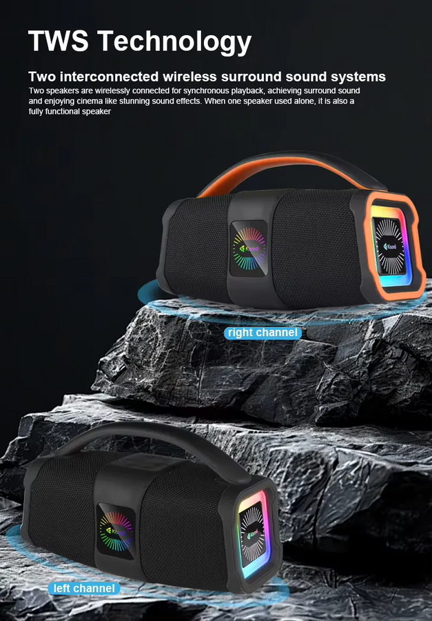 Kisonli K5 Stereo Deep Bass Bluetooth RGB Speaker - Black / Orange  - Open Sealed – image 4