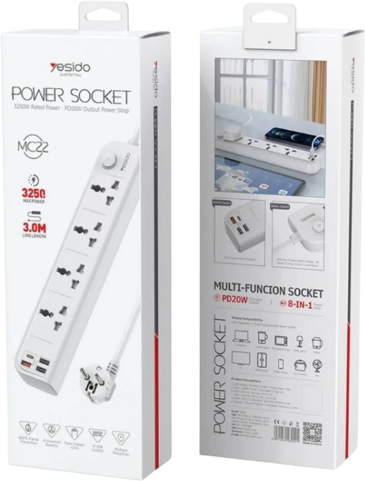 Yesido MC22 High Power Fast Charging Socket 3M - EU Plug - White - Open Sealed  for sale in Egypt from Games2Egypt