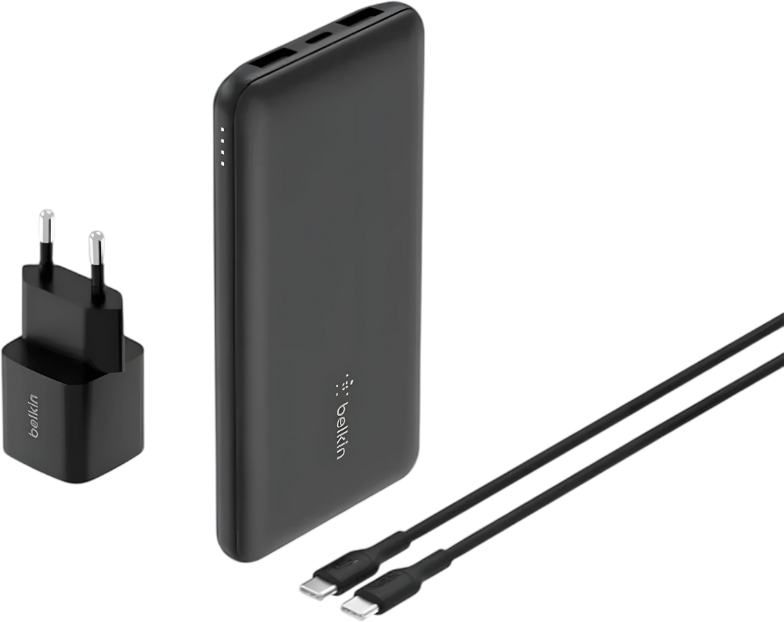 بلكين ترافل باور باندل مع باور بانك 10K وشاحن حائط USB-C أوروبي 25W وكابل - أسود – صورة 2