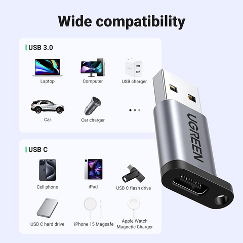 محول يوجرين US276 من USB 3.0-A ذكر إلى USB-C أنثى - رمادي – صورة 3