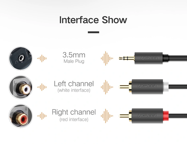 كابل صوت يوجرين AV102 من 3.5 مم ذكر إلى 2 RCA ذكر - 25 سم - رمادي – صورة 4