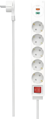 Hama 5-Way 18W USB-C/A Power Strip 1.4m – White