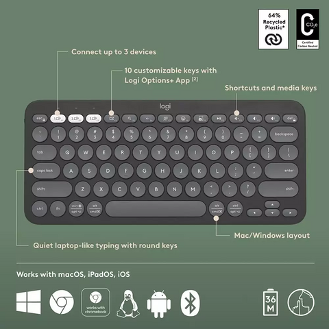 Logitech Pebble Keys 2 K380S Bluetooth Wireless Keyboard - Tonal Graphite – image 4