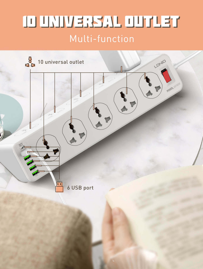 LDNIO SC10610 Power Strip - 10 SOCKETS With 6 USB PORTS – image 4