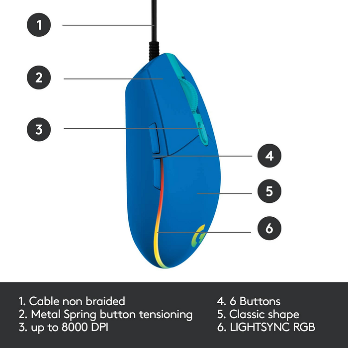Logitech G203 Lightsync Optical Wired Gaming Mouse RGB - Blue  for sale in Egypt from Games2Egypt