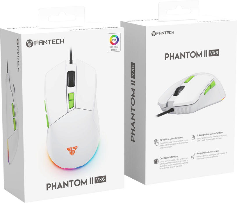 ماوس جيمنج PHANTOM II VX6 سلكي بإضاءة أر جي بي من فانتيك - أبيض  للبيع في مصر من خلال Games2Egypt