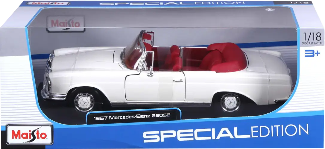 مجسم سيارة 1967 مرسيدس بنز 280SE كايبرو ديكاست (1:18) من مايستو (نسخة سبيشال) - أبيض
